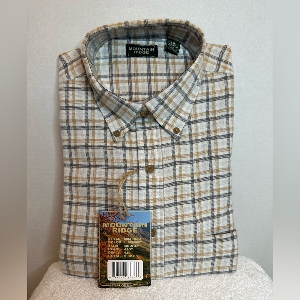 Mountain Ridge Men's Casual Plaid Long sleeve Shirt - Tan and Gray- Medium